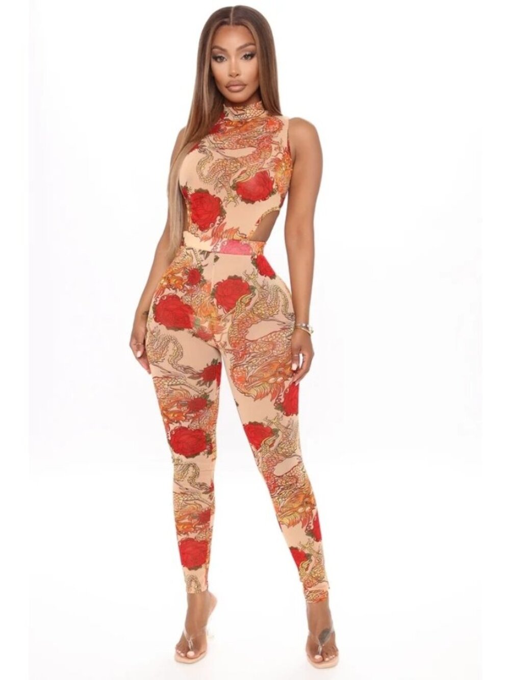 Fashion Nova Jumpsuit Size Small Dragon Rose Mesh Cutout Tan Red Sleeveless